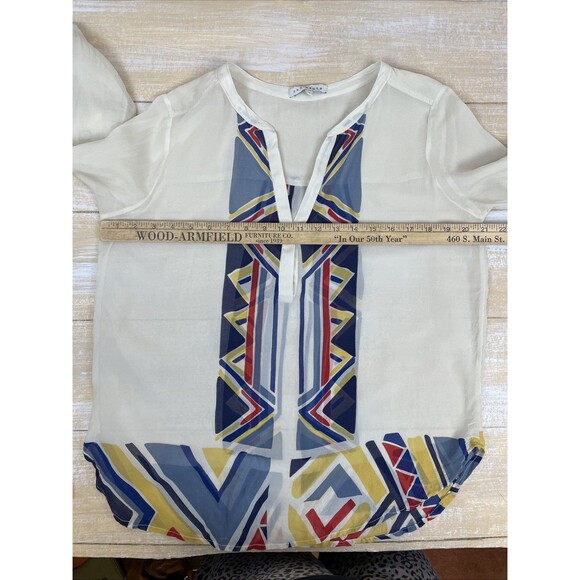 Red Haute 100% Silk Long Sleeve Cream Colorful Blouse Size Large Sheer Tribal - Picture 7 of 12